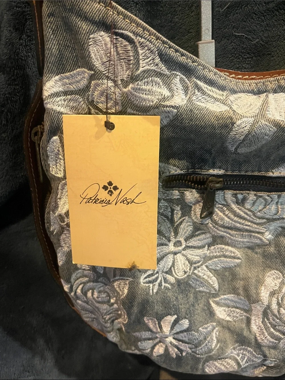 Patricia Nash Denim Floral Embroidered Bag with Brown Leather Strap